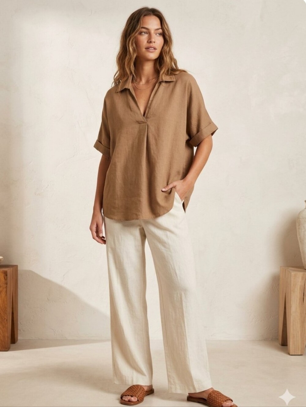Italian Linen Blend Relaxed Silhouette Flowy Short Sleeve Top | Medium Brown